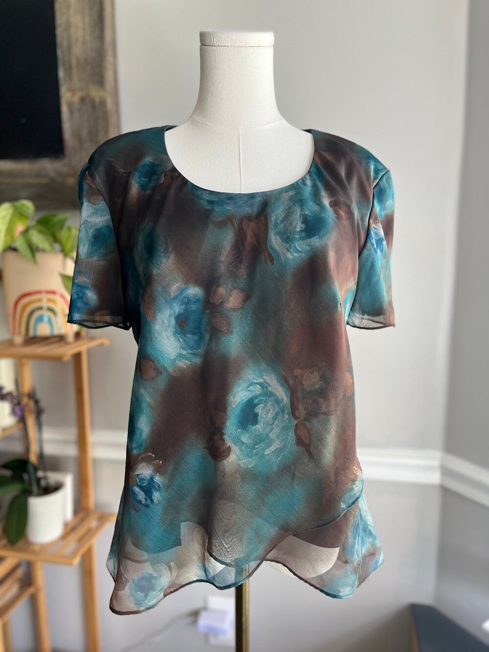Vintage 90s Floral Blouse Brown Blue Rose Size Large